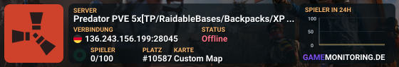 Predator PVE 5x[TP/RaidableBases/Backpacks/XP/Skins/RestoreUpon