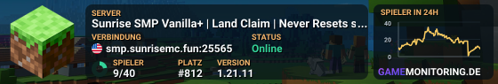 Sunrise SMP Vanilla+ | Land Claim | Never Resets smp.sunrisemc.fun Minecraft 1.21.11 Daily Events!